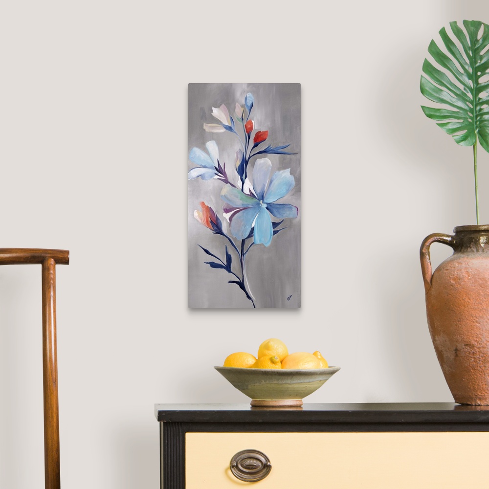 A traditional room featuring Contemporary painting of a floral arrangement of blue flowers with accents of little red buds.