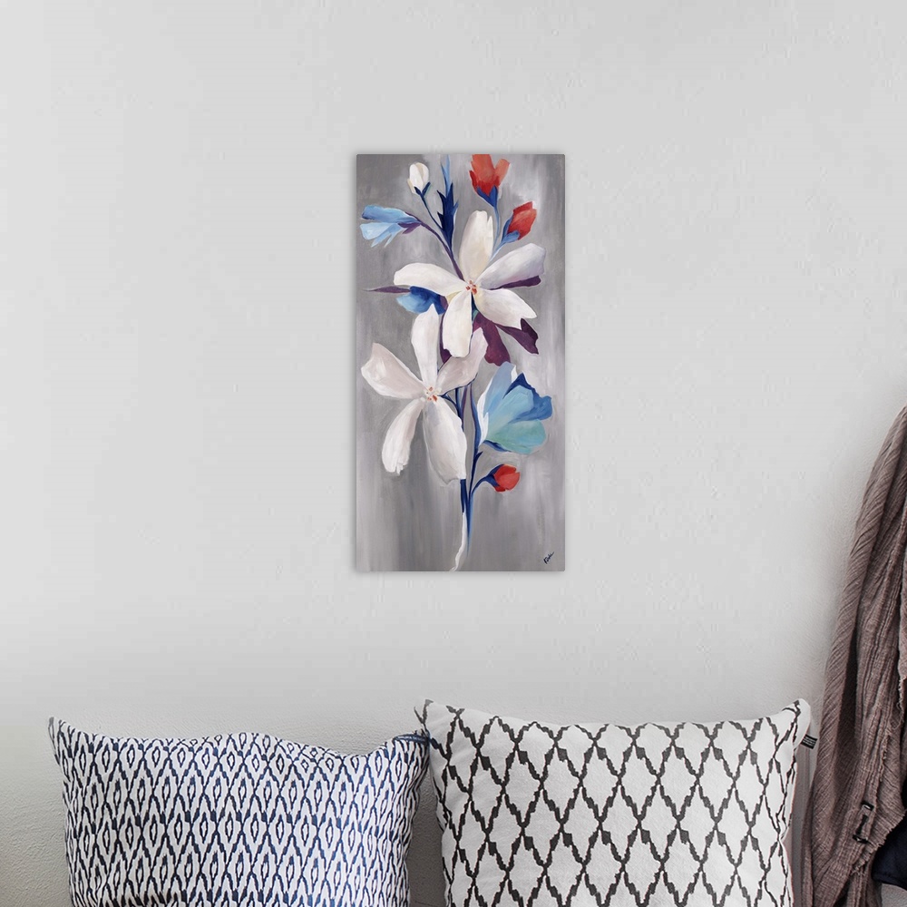 A bohemian room featuring Contemporary painting of a floral arrangement of blue flowers with accents of little red buds.