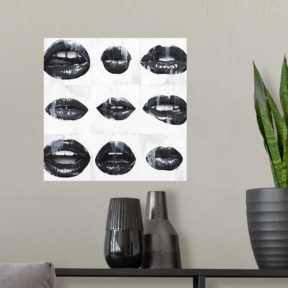 A modern room featuring Square art with black and white mouths open in different ways on a white background with paint drip.