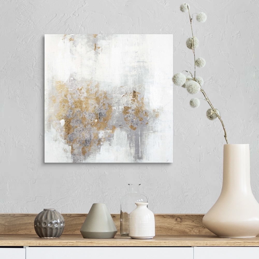 A farmhouse room featuring Square abstract art with a cool toned silver and white background and metallic gold on top.