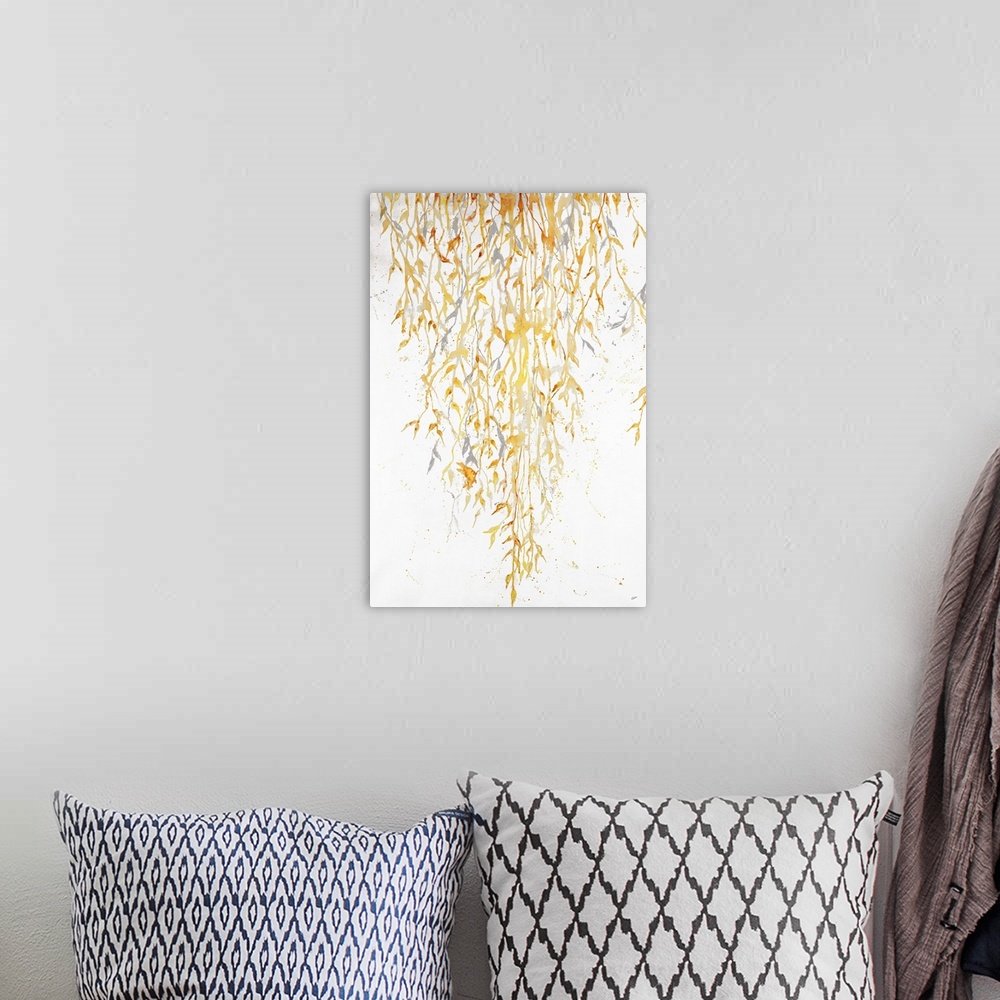 A bohemian room featuring Contemporary painting of hanging golden leafy vines.