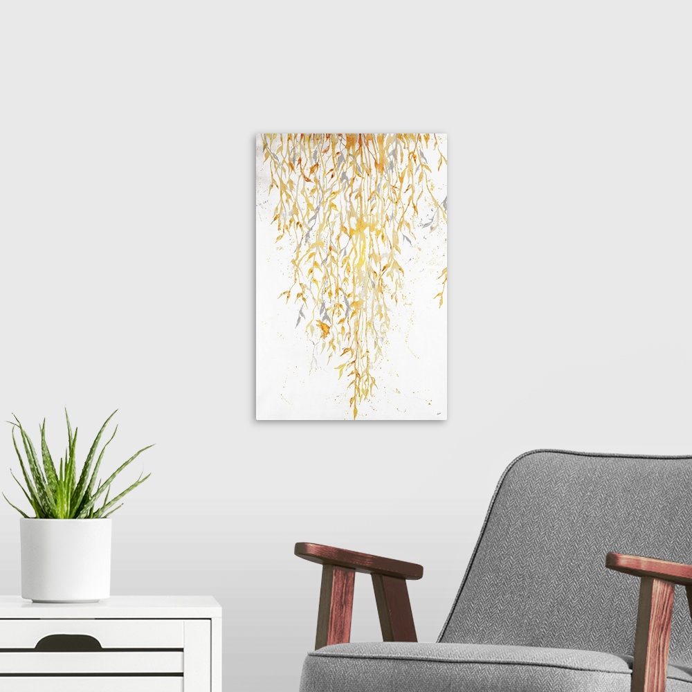 A modern room featuring Contemporary painting of hanging golden leafy vines.