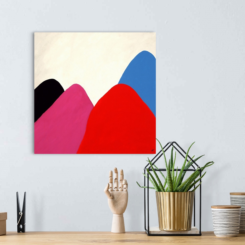 A bohemian room featuring Contemporary abstract painting of smooth brightly colored mountain shapes making a colorful valle...