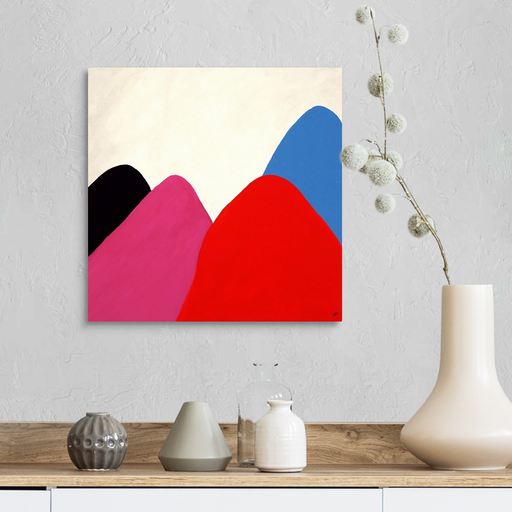 A farmhouse room featuring Contemporary abstract painting of smooth brightly colored mountain shapes making a colorful valle...