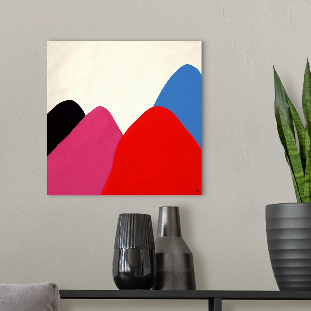 A modern room featuring Contemporary abstract painting of smooth brightly colored mountain shapes making a colorful valle...