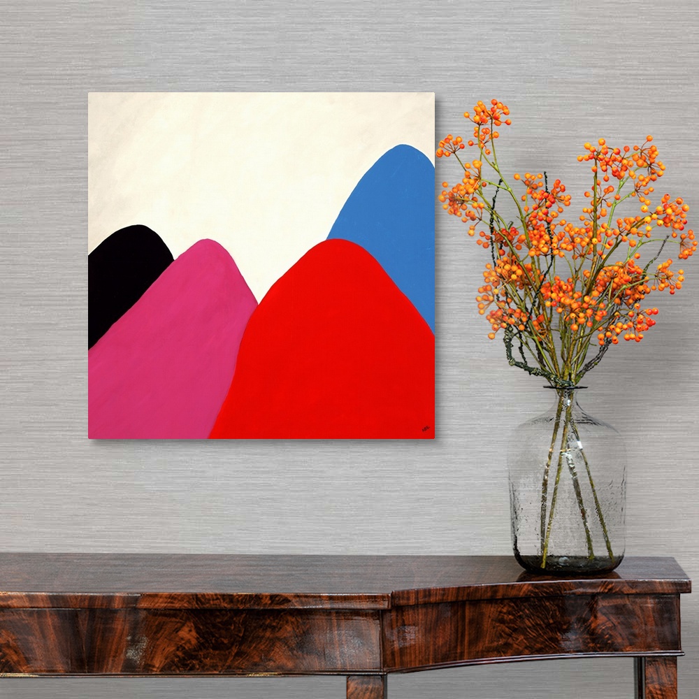 A traditional room featuring Contemporary abstract painting of smooth brightly colored mountain shapes making a colorful valle...