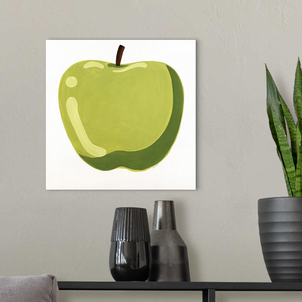 A modern room featuring Simple painting of a shiny green apple.
