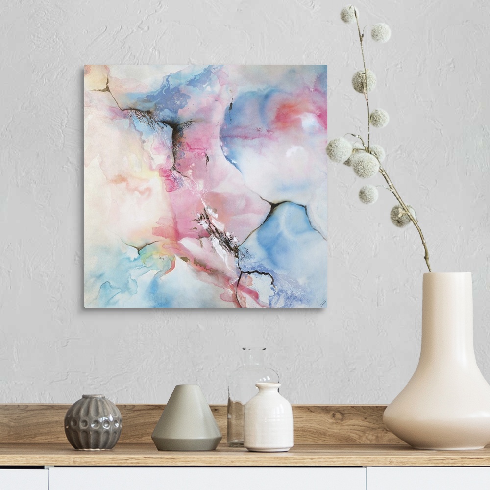 A farmhouse room featuring Square contemporary abstract painting with faded blue, pink, and yellow hues that appear like a w...