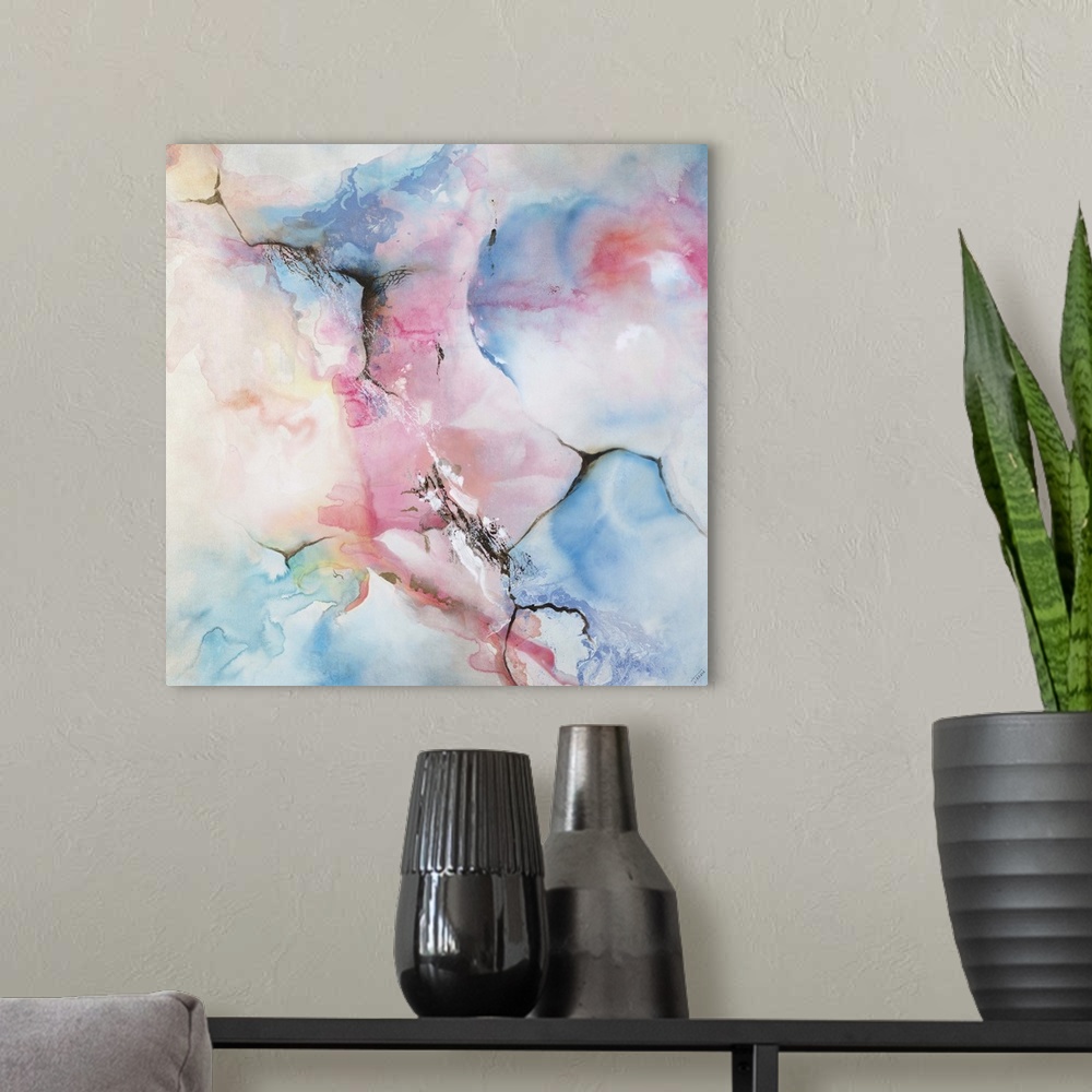 A modern room featuring Square contemporary abstract painting with faded blue, pink, and yellow hues that appear like a w...