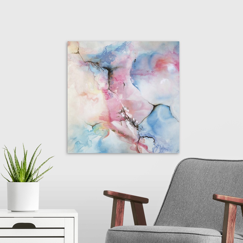 A modern room featuring Square contemporary abstract painting with faded blue, pink, and yellow hues that appear like a w...