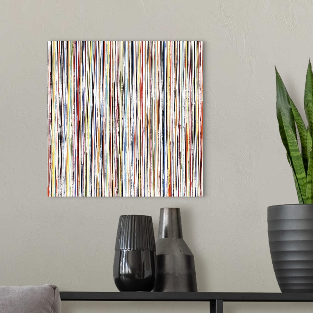 A modern room featuring Contemporary painting of multi- colored lines in a vertical direction.