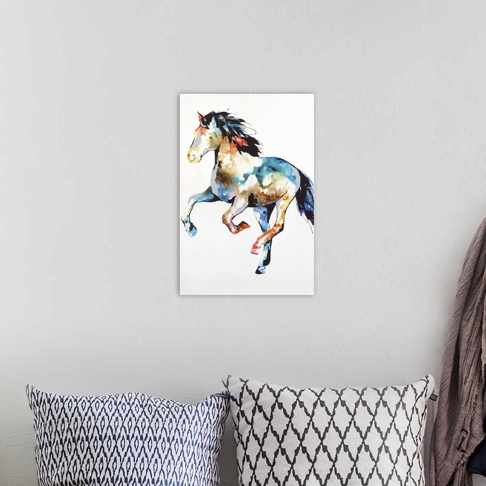 A bohemian room featuring Colorful silhouette of a horse in action on a white background.