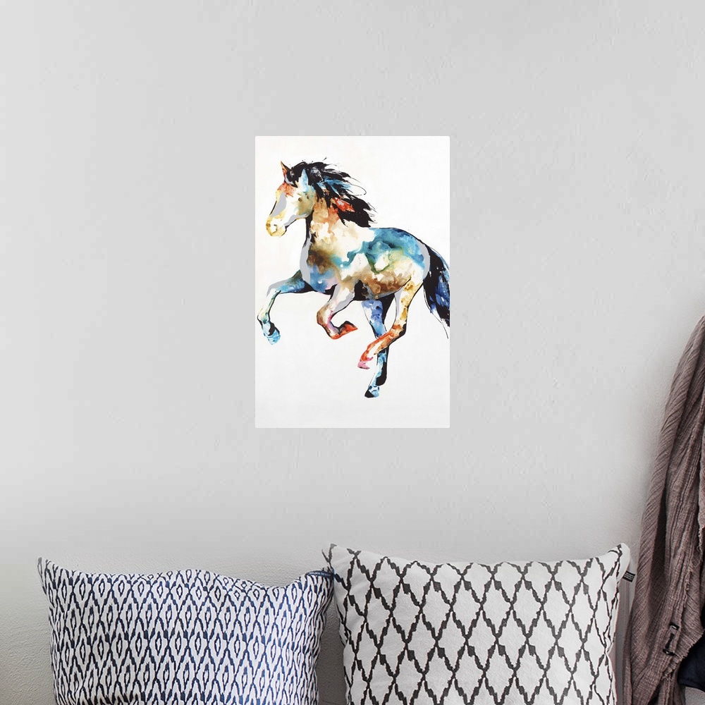 A bohemian room featuring Colorful silhouette of a horse in action on a white background.