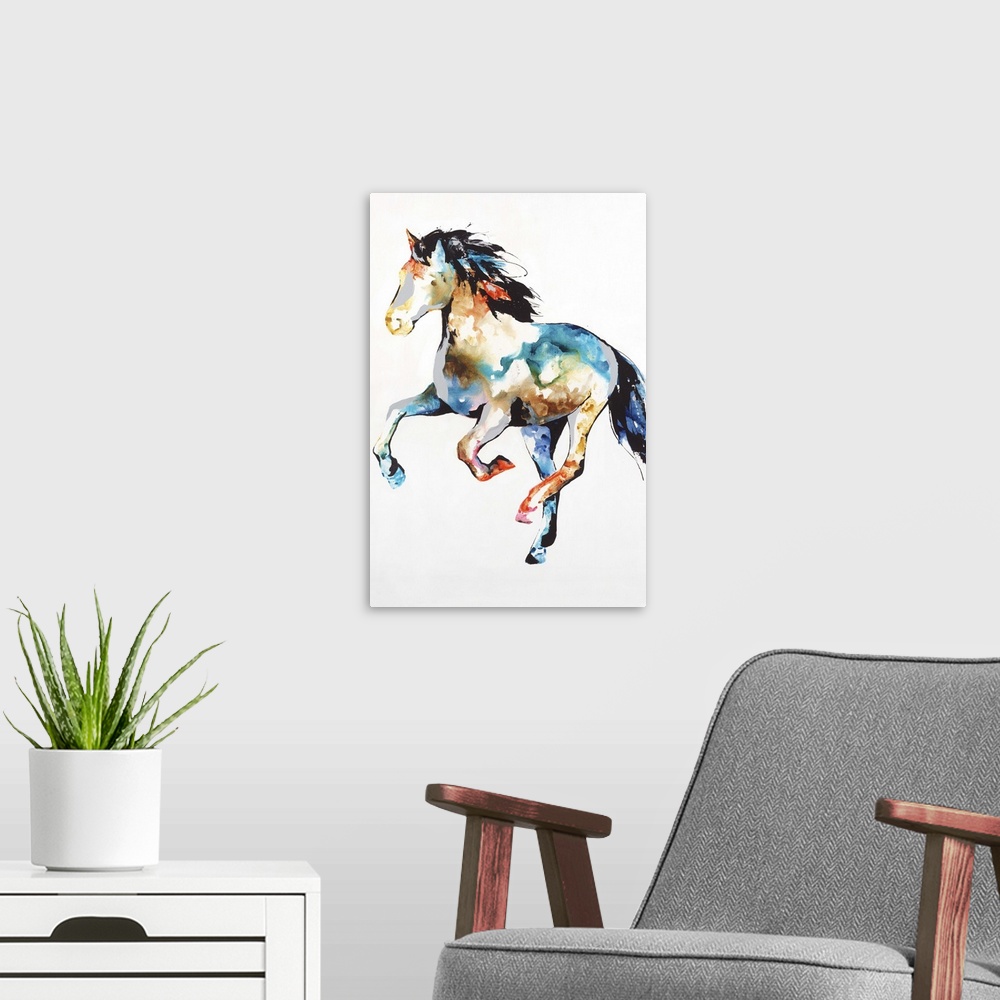 A modern room featuring Colorful silhouette of a horse in action on a white background.