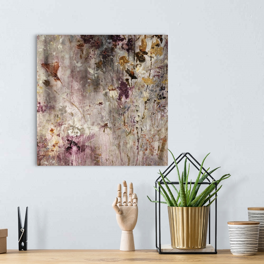 A bohemian room featuring Abstract painting of various florals and stems in warm and golden tones, scattered and overlappin...