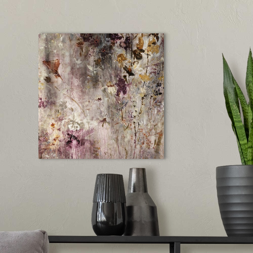 A modern room featuring Abstract painting of various florals and stems in warm and golden tones, scattered and overlappin...