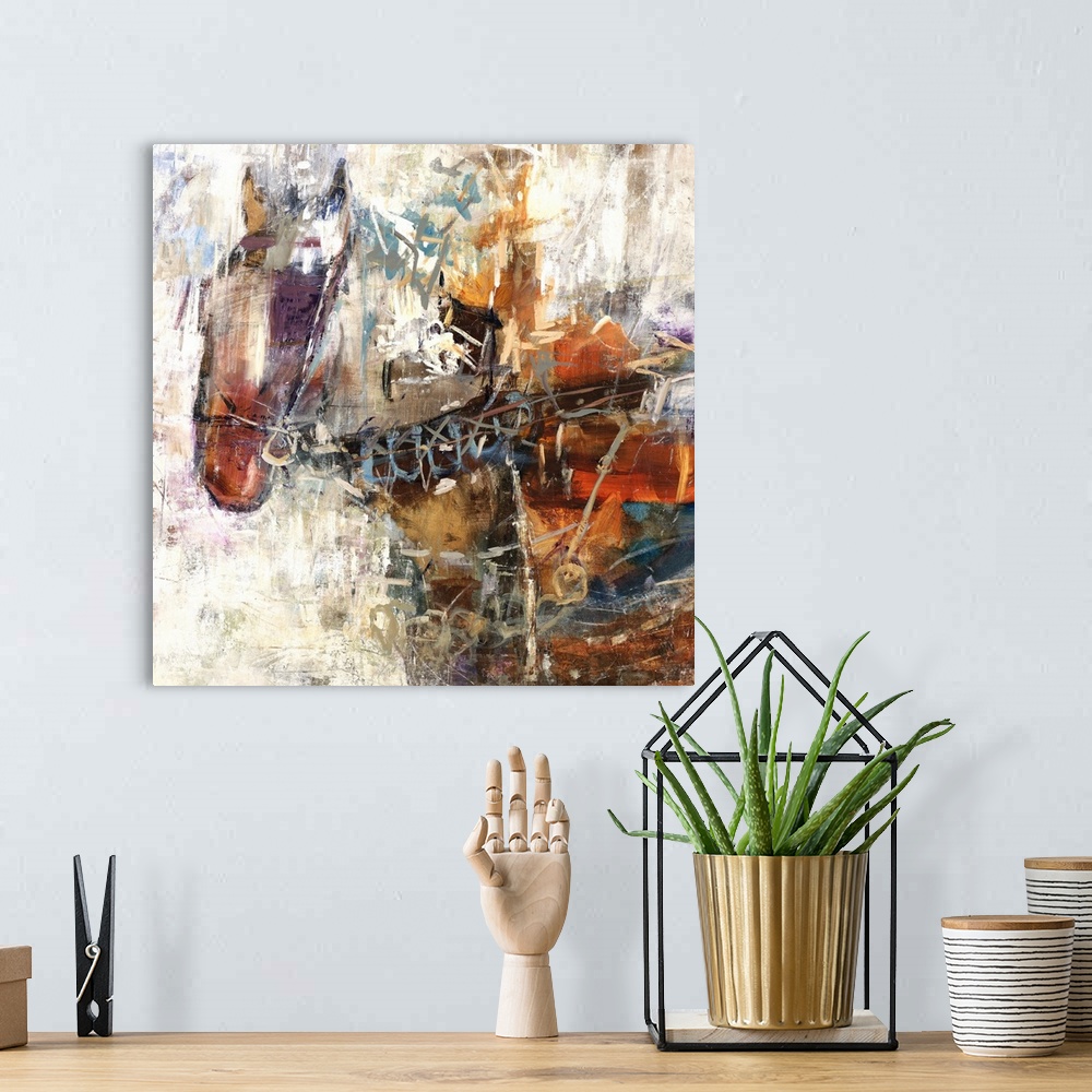 A bohemian room featuring Contemporary abstract painting of a horse created with various hues and shades of brown.