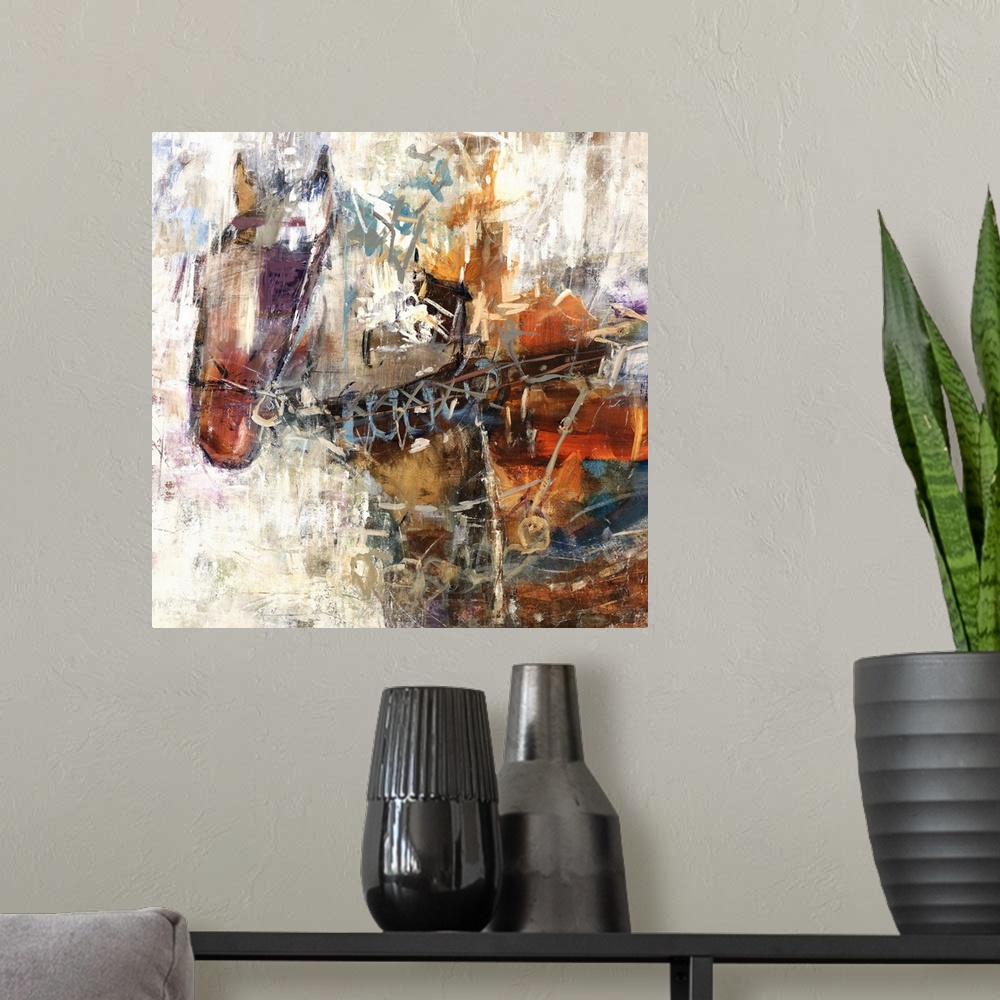 A modern room featuring Contemporary abstract painting of a horse created with various hues and shades of brown.