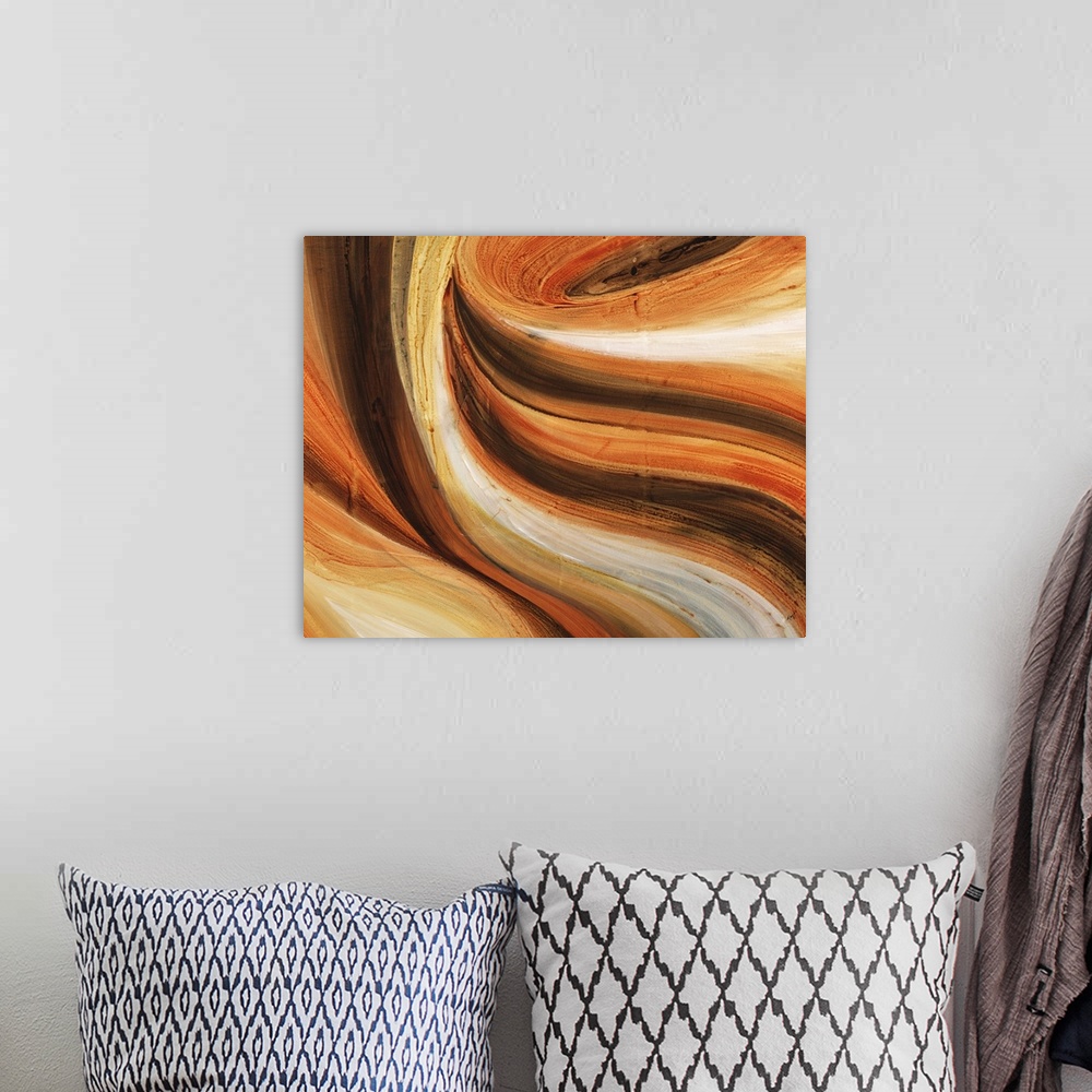 A bohemian room featuring Contemporary abstract painting using warm tones, in flowing sinuous movements.