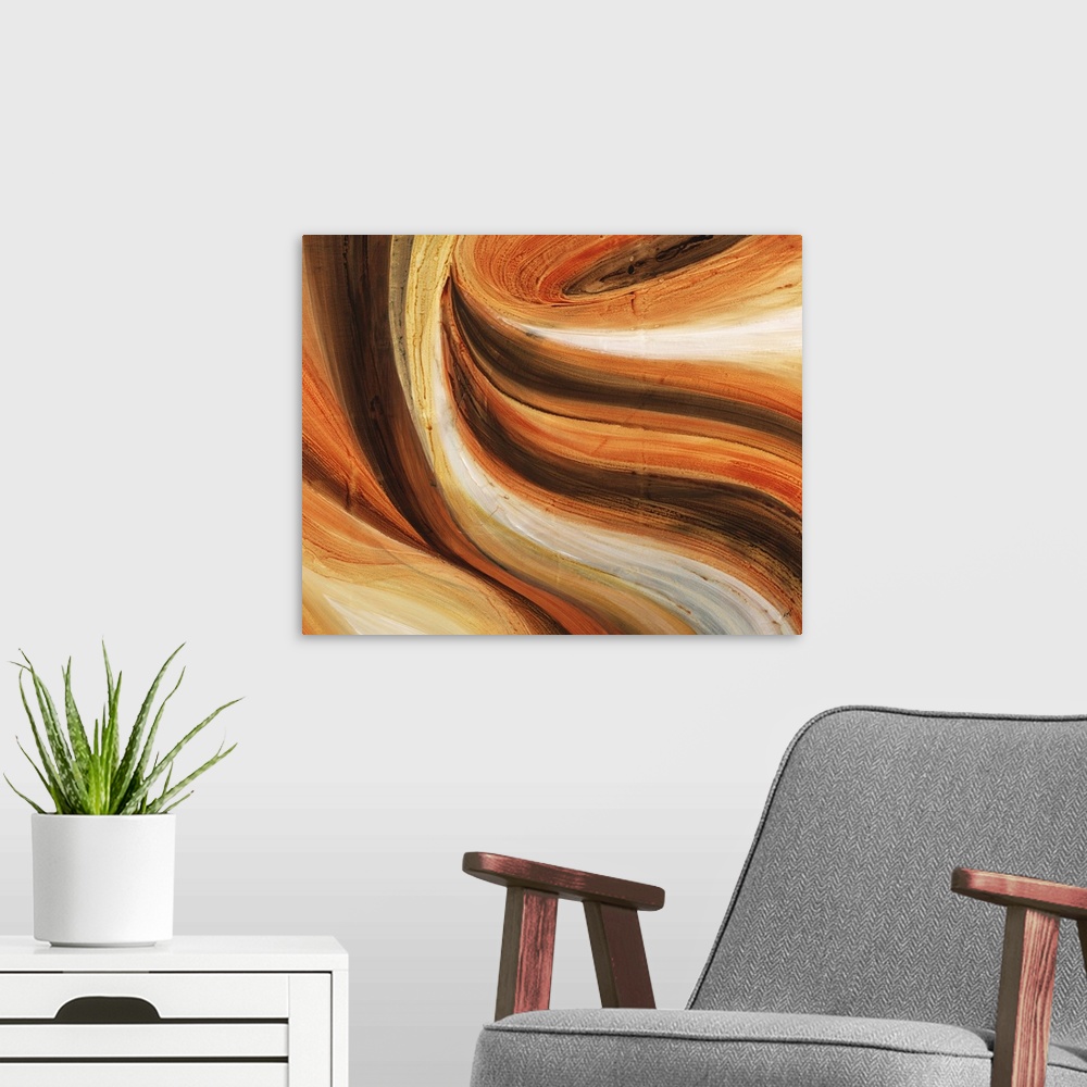 A modern room featuring Contemporary abstract painting using warm tones, in flowing sinuous movements.