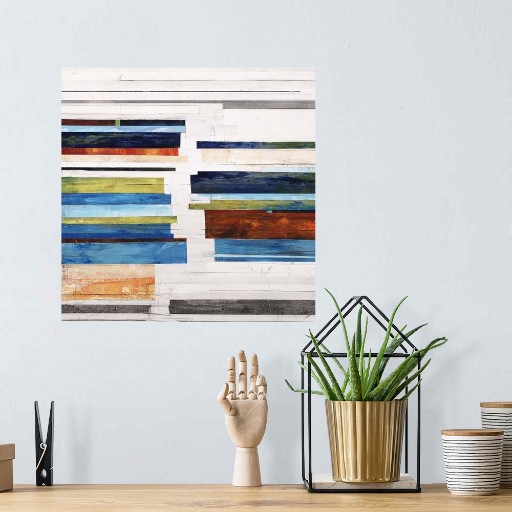 A bohemian room featuring Contemporary abstract painting using colorful horizontal bars against a white background.