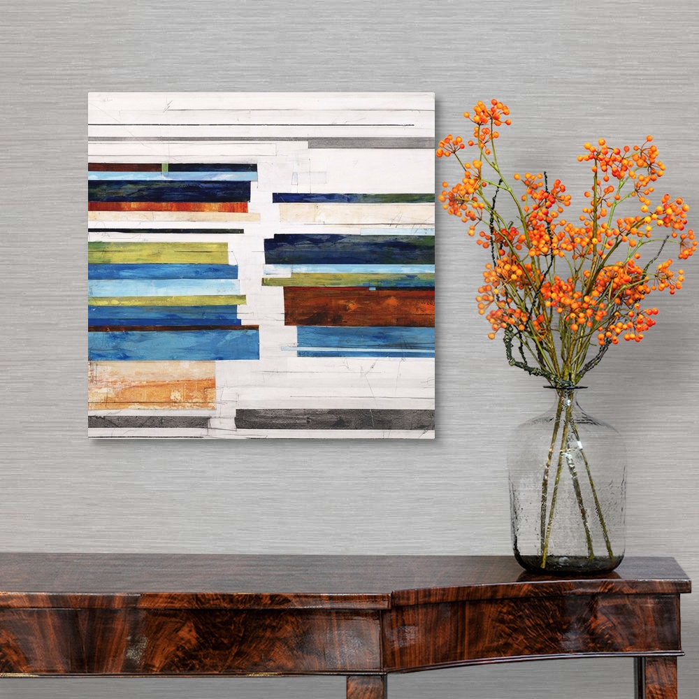 A traditional room featuring Contemporary abstract painting using colorful horizontal bars against a white background.