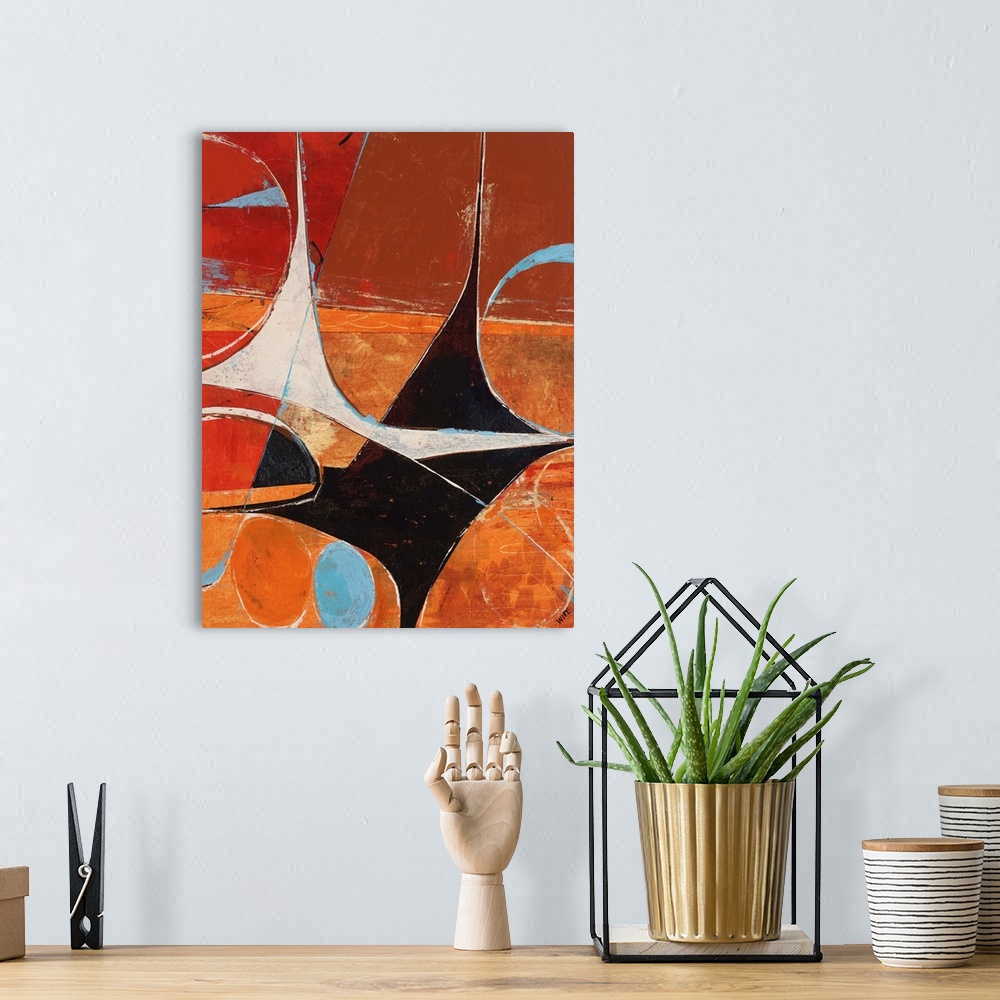 A bohemian room featuring Contemporary abstract painting of various shapes and colors mingling in a retro looking frenzy.