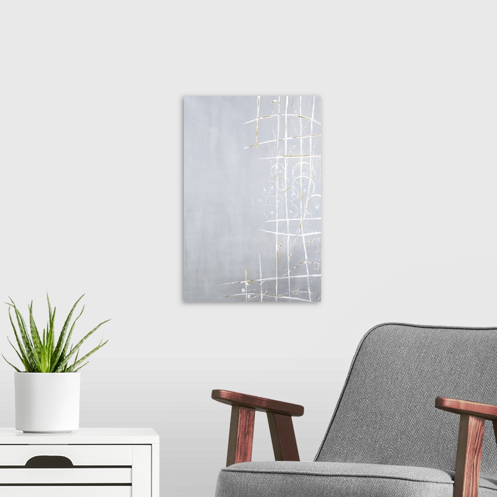 A modern room featuring Long vertical painting of light gray with white fine lines crossing and overlaying circles.