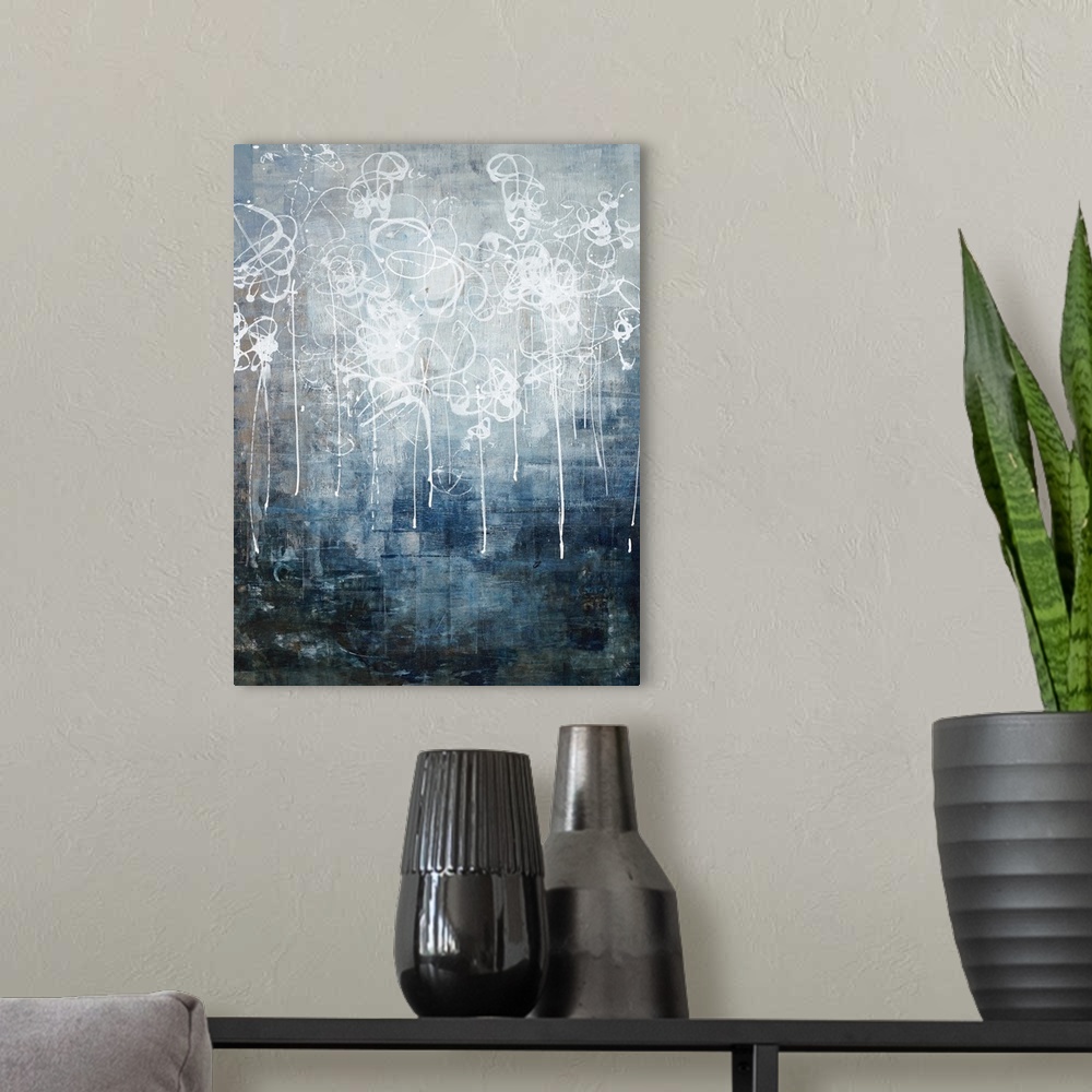 A modern room featuring Contemporary abstract painting using neutral tones and dark blue tones with scribbled white paint...