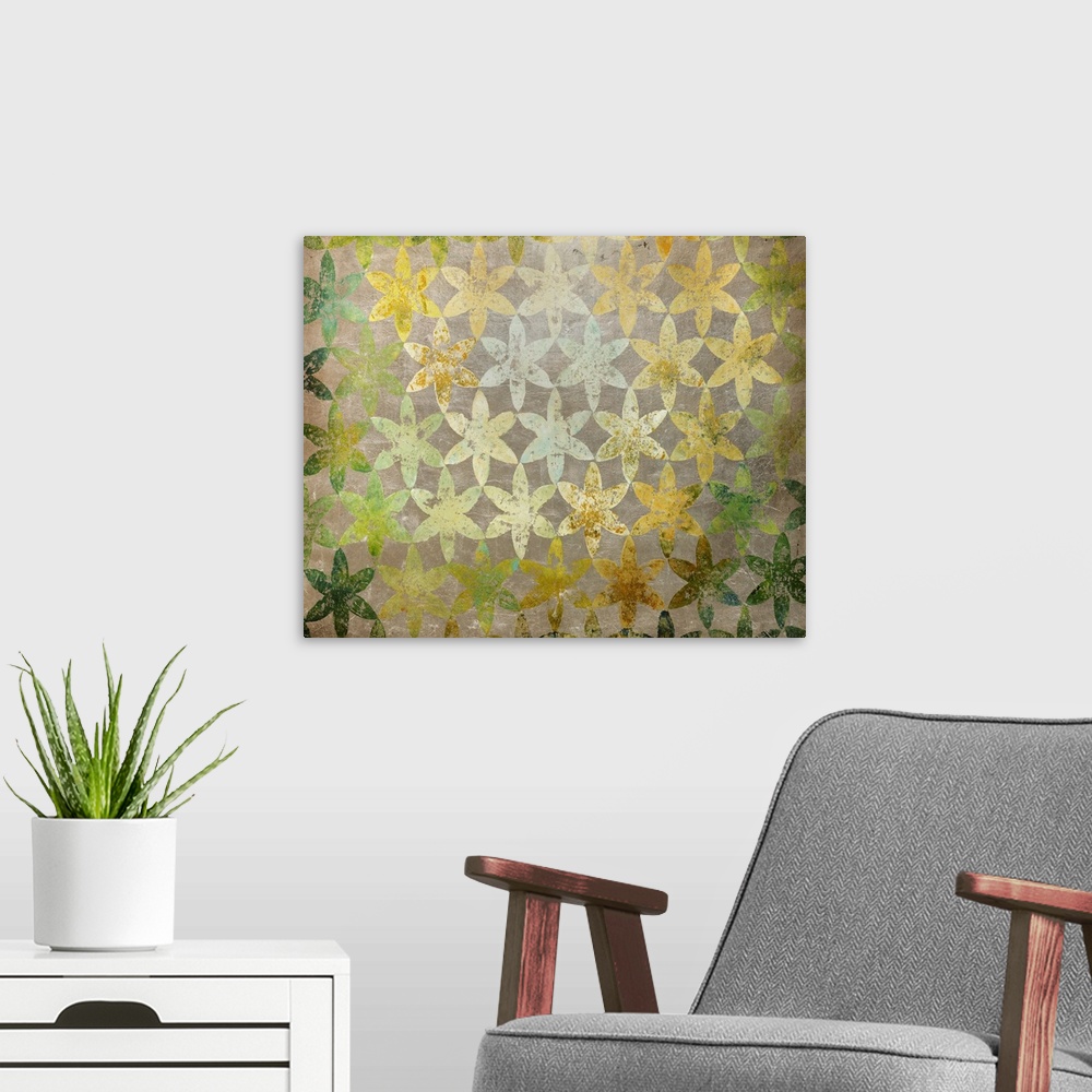 A modern room featuring Horizontal contemporary artwork of a repeating floral pattern with a sponge paint texture, in tra...