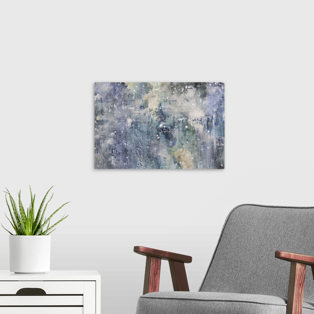 A modern room featuring Abstract painting of the night sky in patches of varying cool tones, with bright stars sprinkled ...