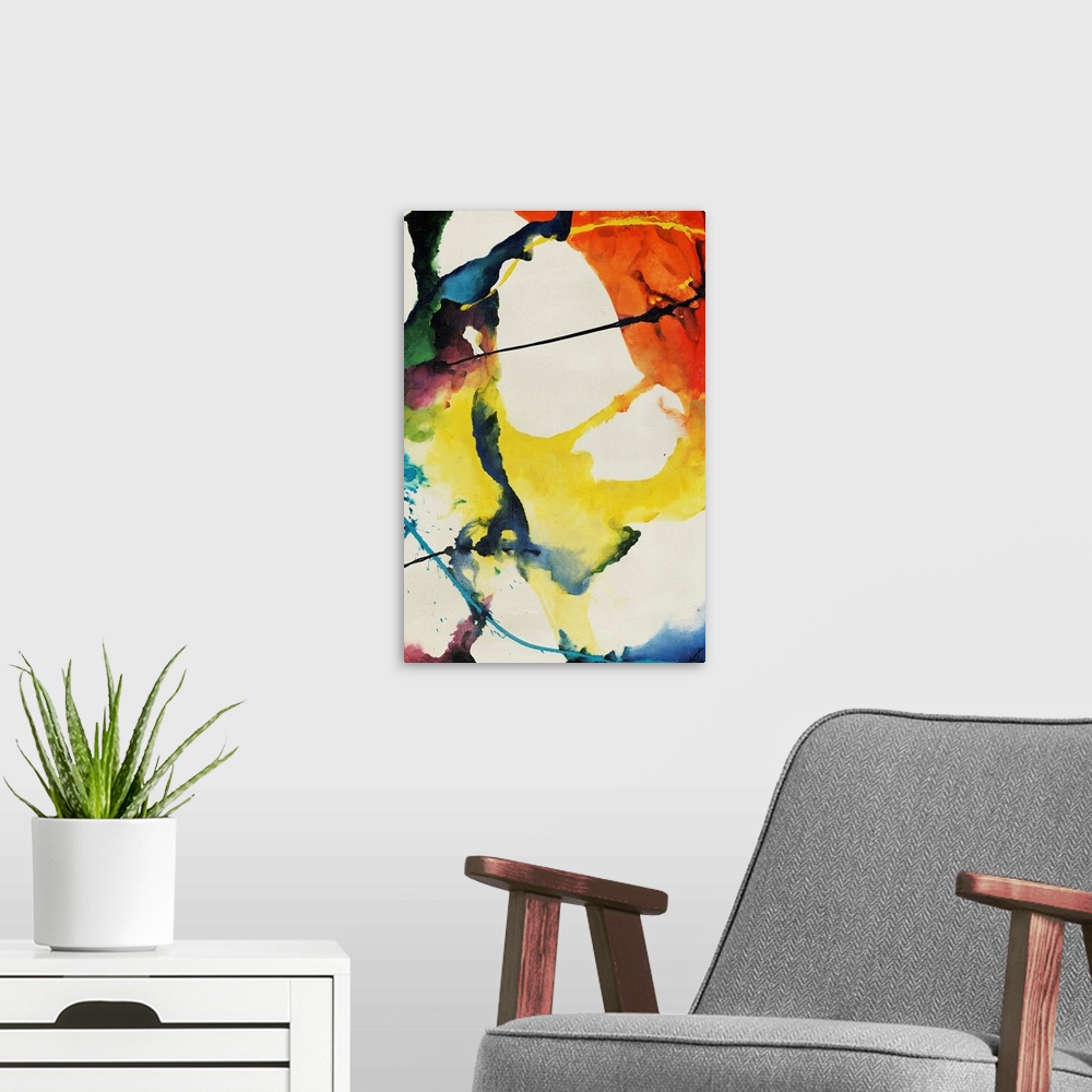 A modern room featuring A vertical abstract painting created with puddles of wet paint and streaky stains to create a mul...