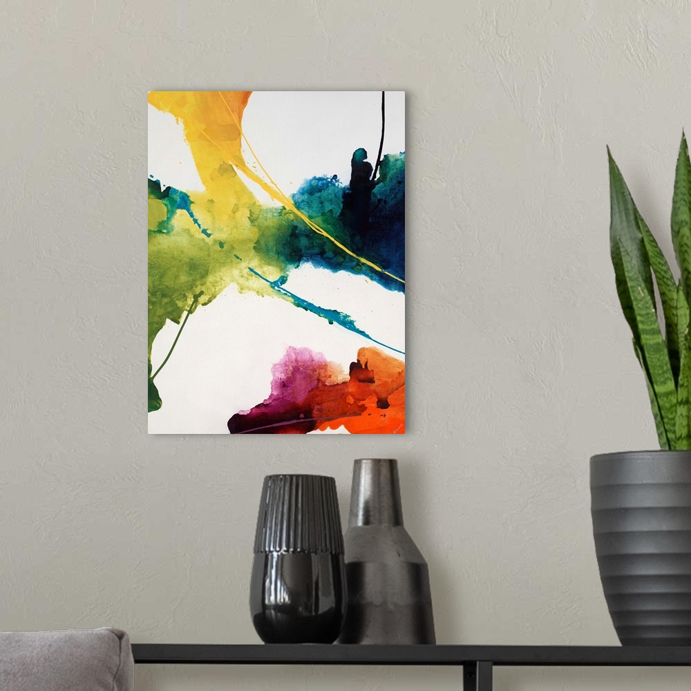 A modern room featuring Contemporary watercolor painting of several multicolored masses with thin streaks of paint over a...