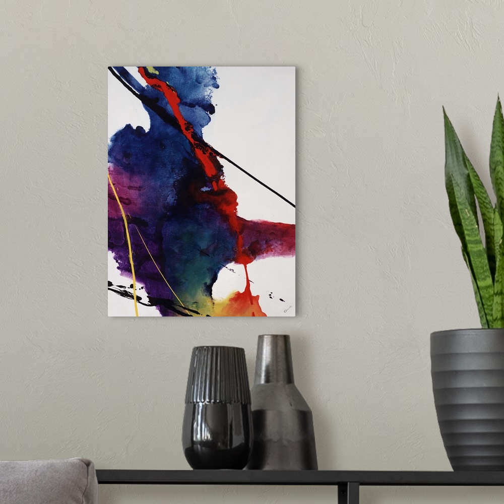 A modern room featuring Contemporary watercolor painting of a multicolored mass with thin streaks of paint over a solid n...
