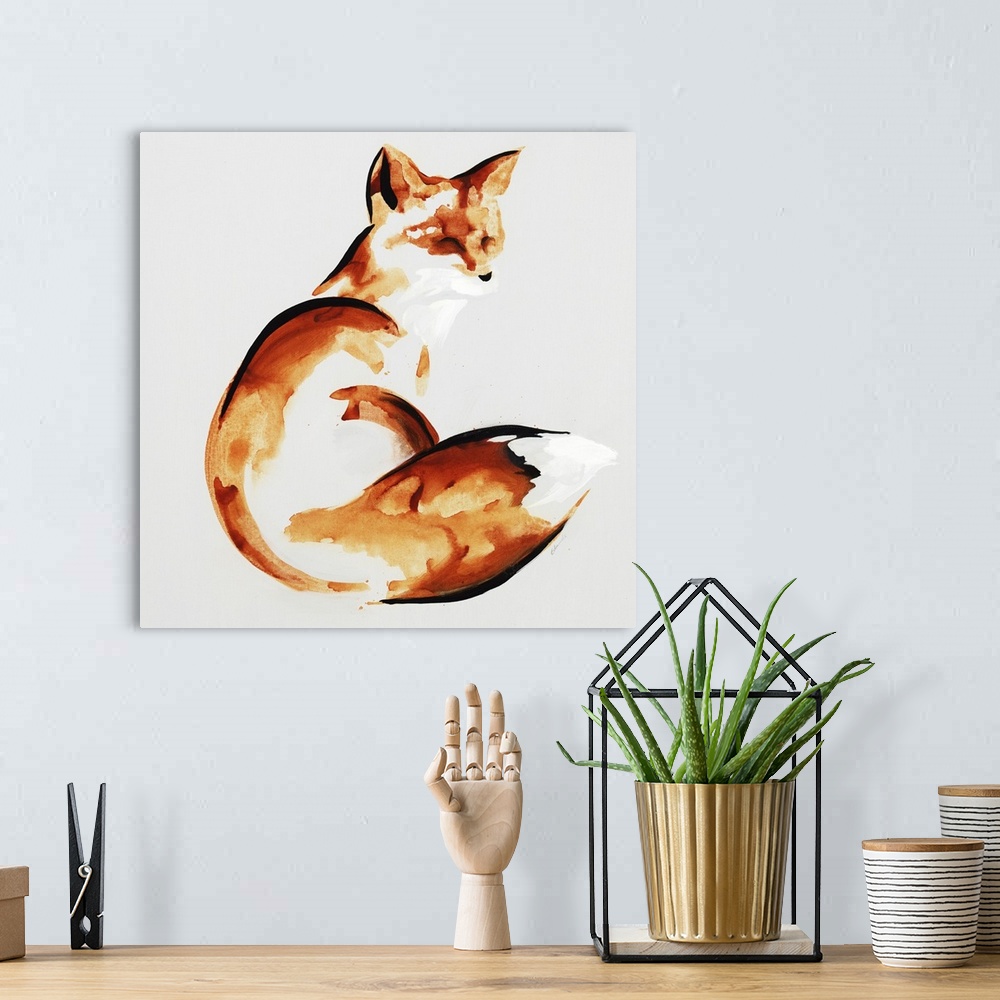A bohemian room featuring Abstract interpretation of a fox with its body curled around on a gray background.