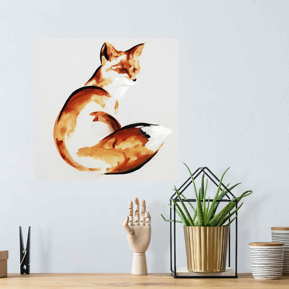 A bohemian room featuring Abstract interpretation of a fox with its body curled around on a gray background.