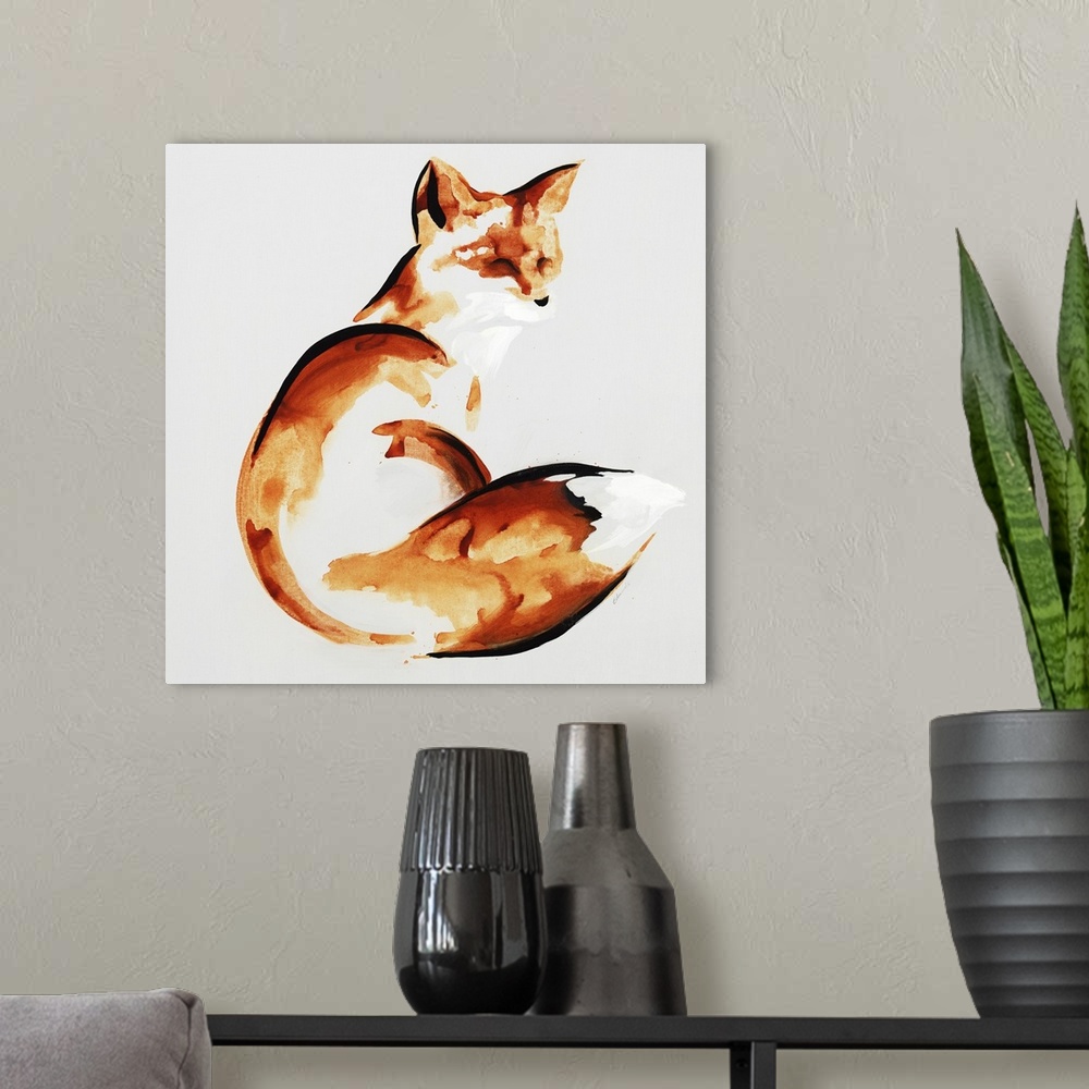 A modern room featuring Abstract interpretation of a fox with its body curled around on a gray background.