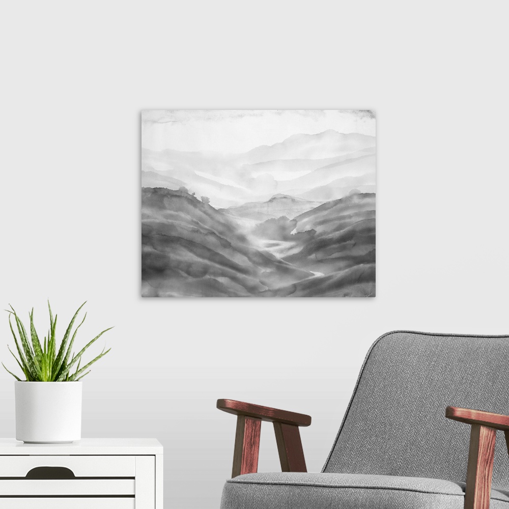 A modern room featuring Black and white abstract painting of rolling hills created with contrast.