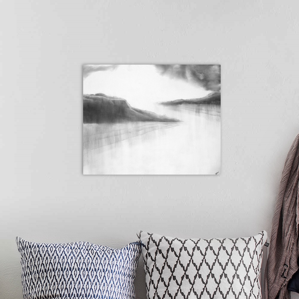 A bohemian room featuring Black and white abstract landscape painting with contrasting rock formations and clouds to the wh...