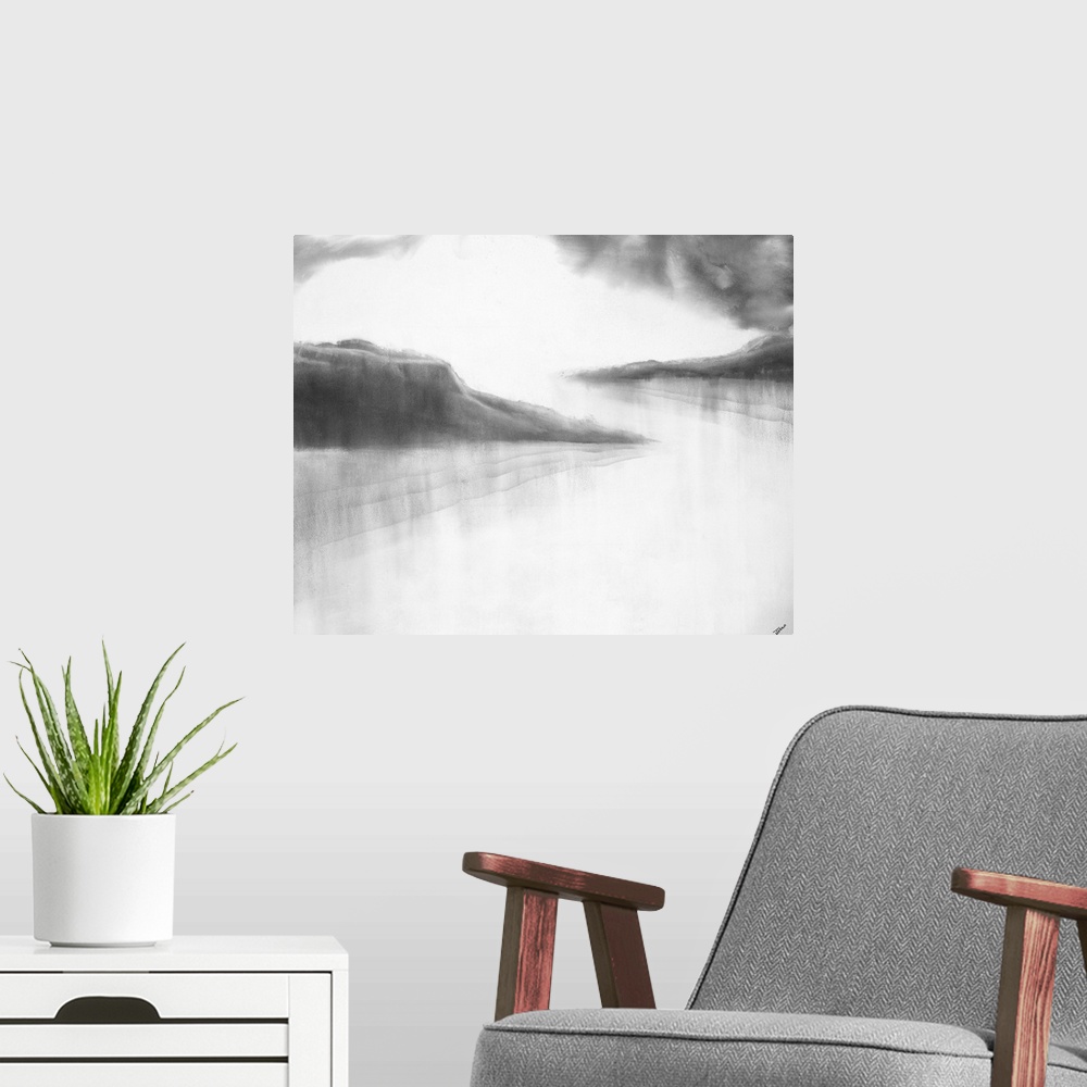 A modern room featuring Black and white abstract landscape painting with contrasting rock formations and clouds to the wh...