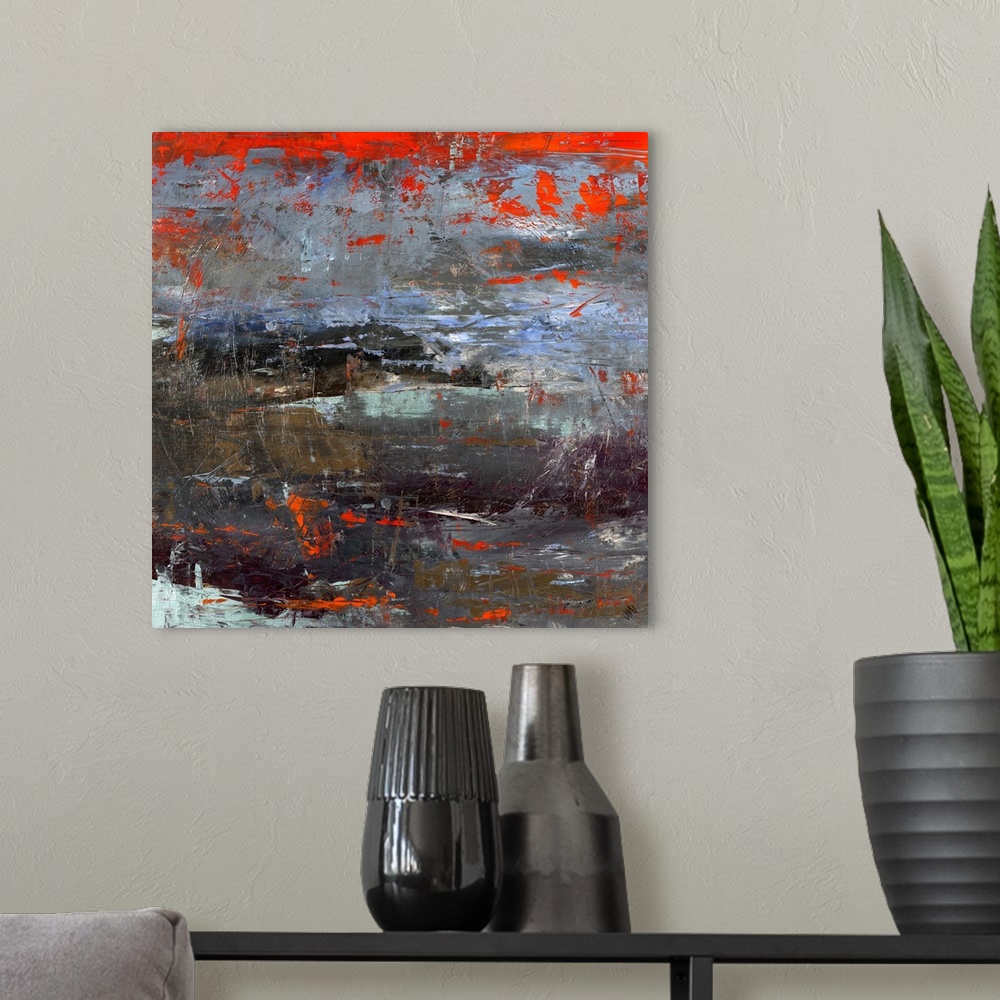 A modern room featuring Abstract painting in dark neutral tones overlapping and blending horizontally, beneath bright war...