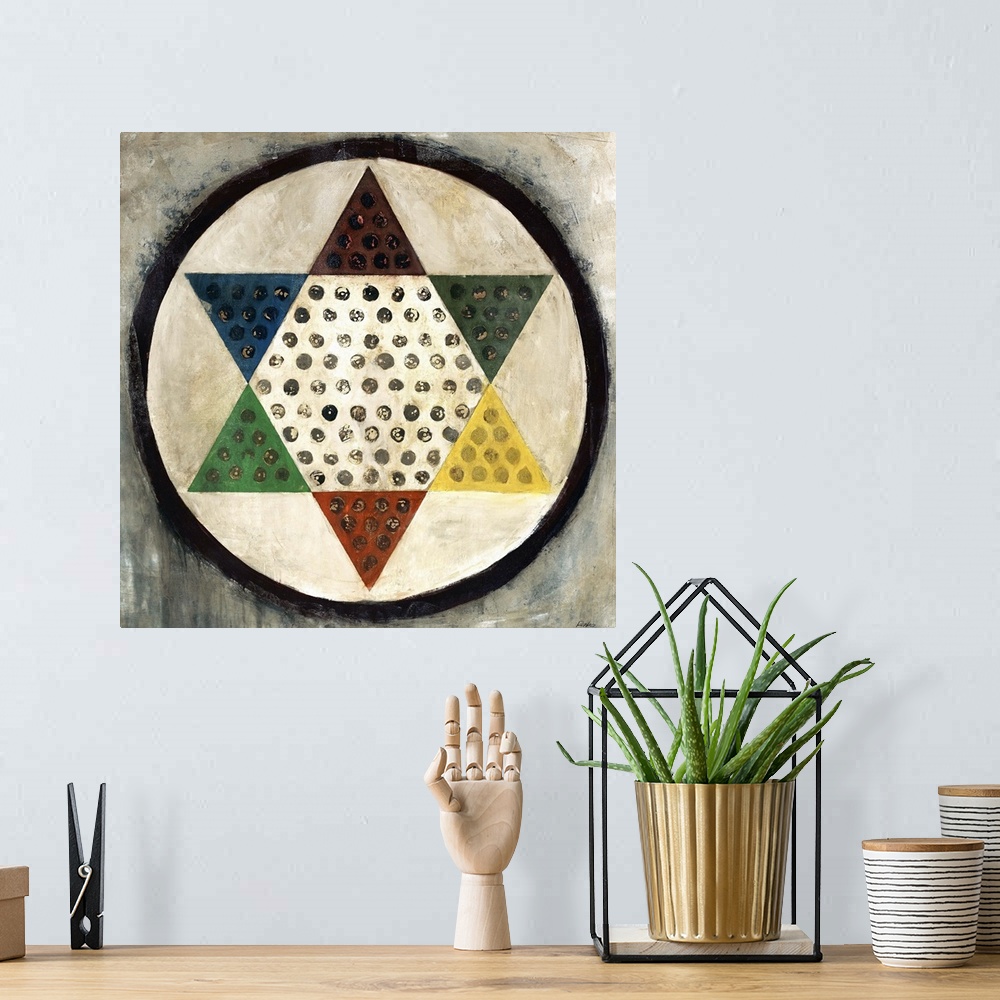 A bohemian room featuring Painting of a colorful Chinese checkers board on a roughly painted background of light neutral to...