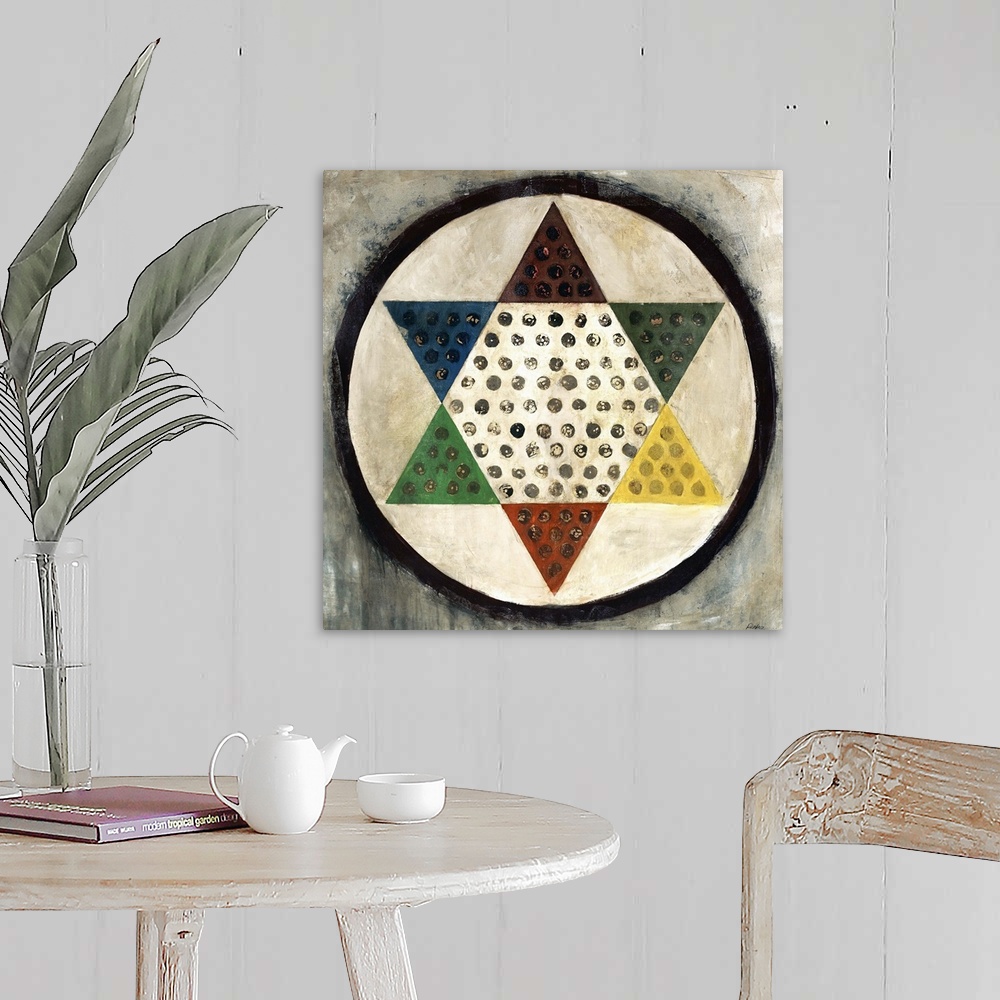 A farmhouse room featuring Painting of a colorful Chinese checkers board on a roughly painted background of light neutral to...