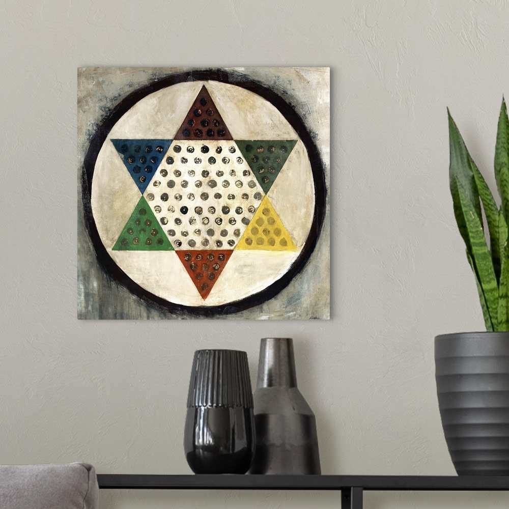 A modern room featuring Painting of a colorful Chinese checkers board on a roughly painted background of light neutral to...