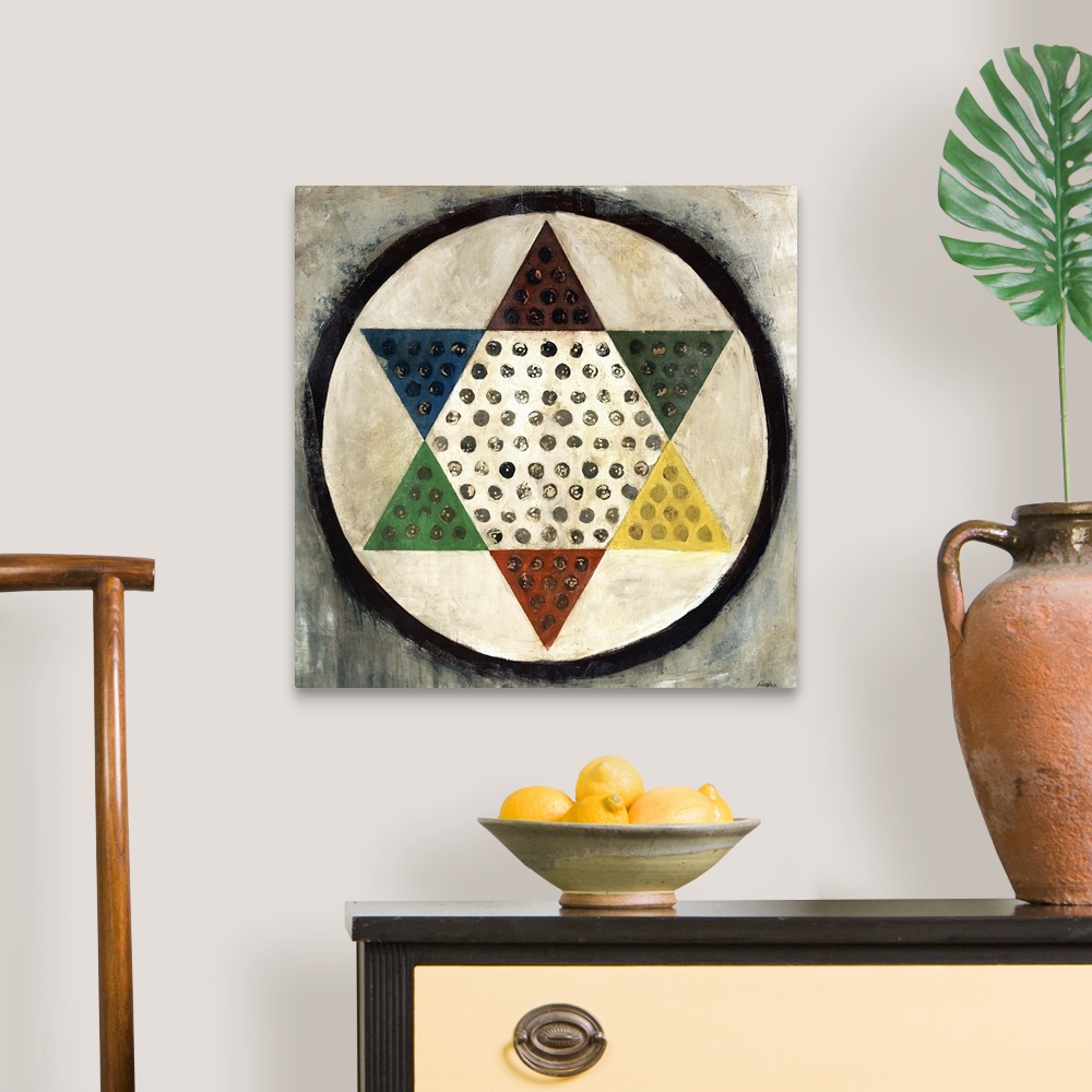A traditional room featuring Painting of a colorful Chinese checkers board on a roughly painted background of light neutral to...