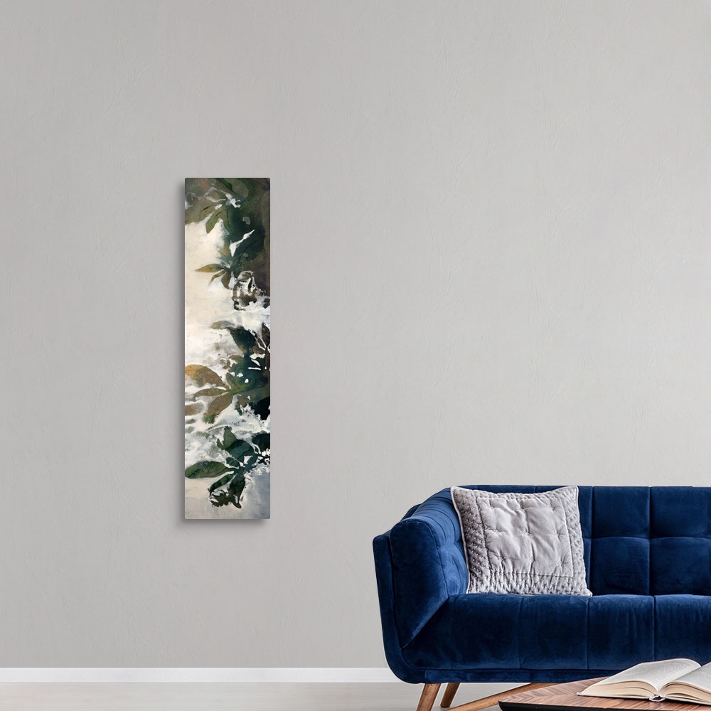 A modern room featuring A very tall vertical piece has drawn leaves with a layer of mist over the left side of the print.