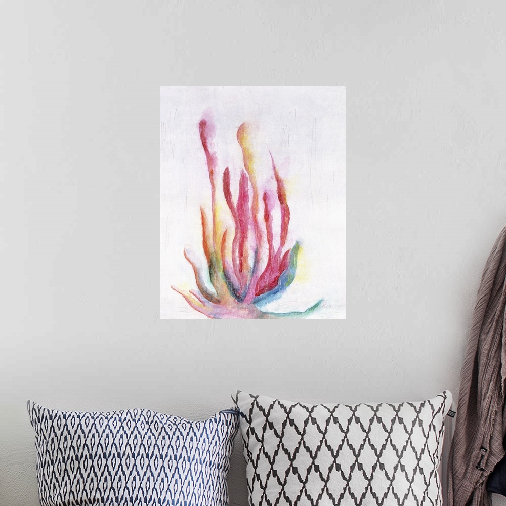 A bohemian room featuring Colorful painting of coral on a white and gray textured background.
