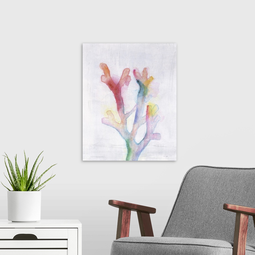A modern room featuring Colorful painting of coral on a white and gray textured background.