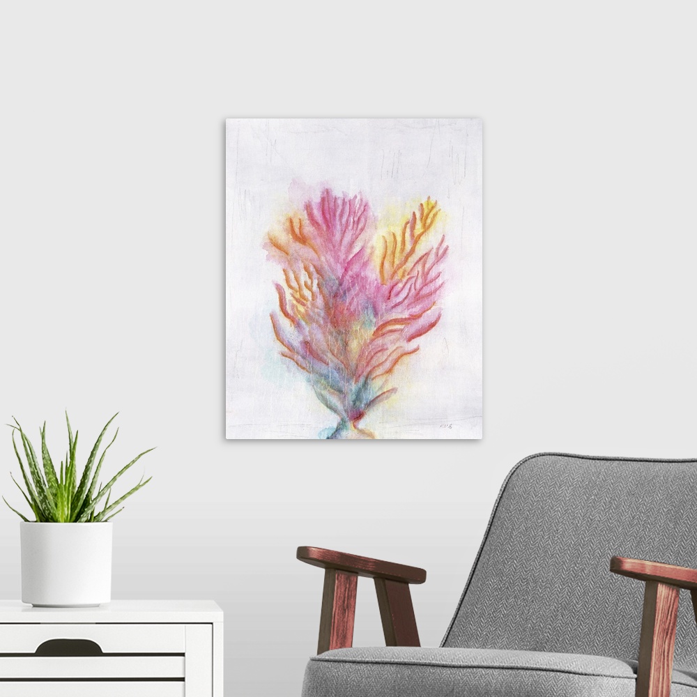 A modern room featuring Colorful painting of coral on a white and gray textured background.