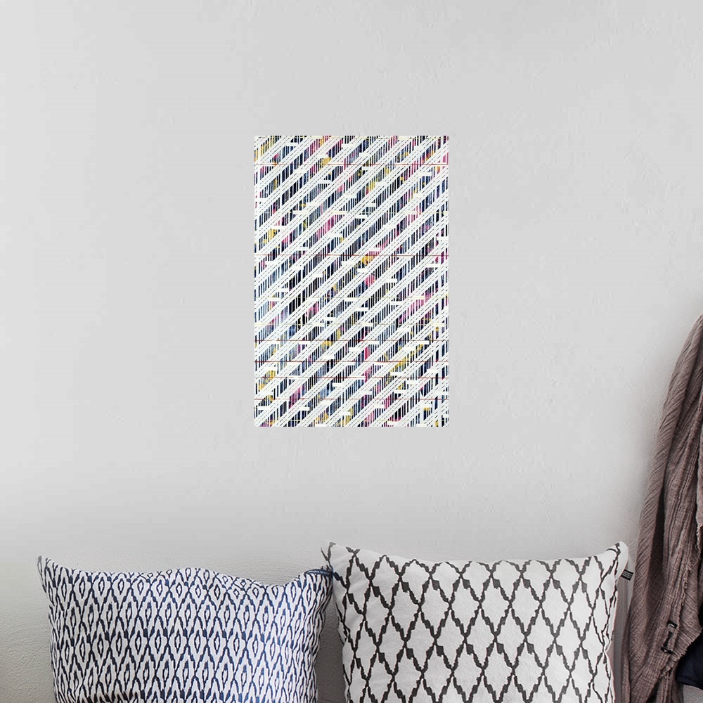 A bohemian room featuring Modern art of layered diagonal, horizontal and multicolored vertical lines that create an intrica...